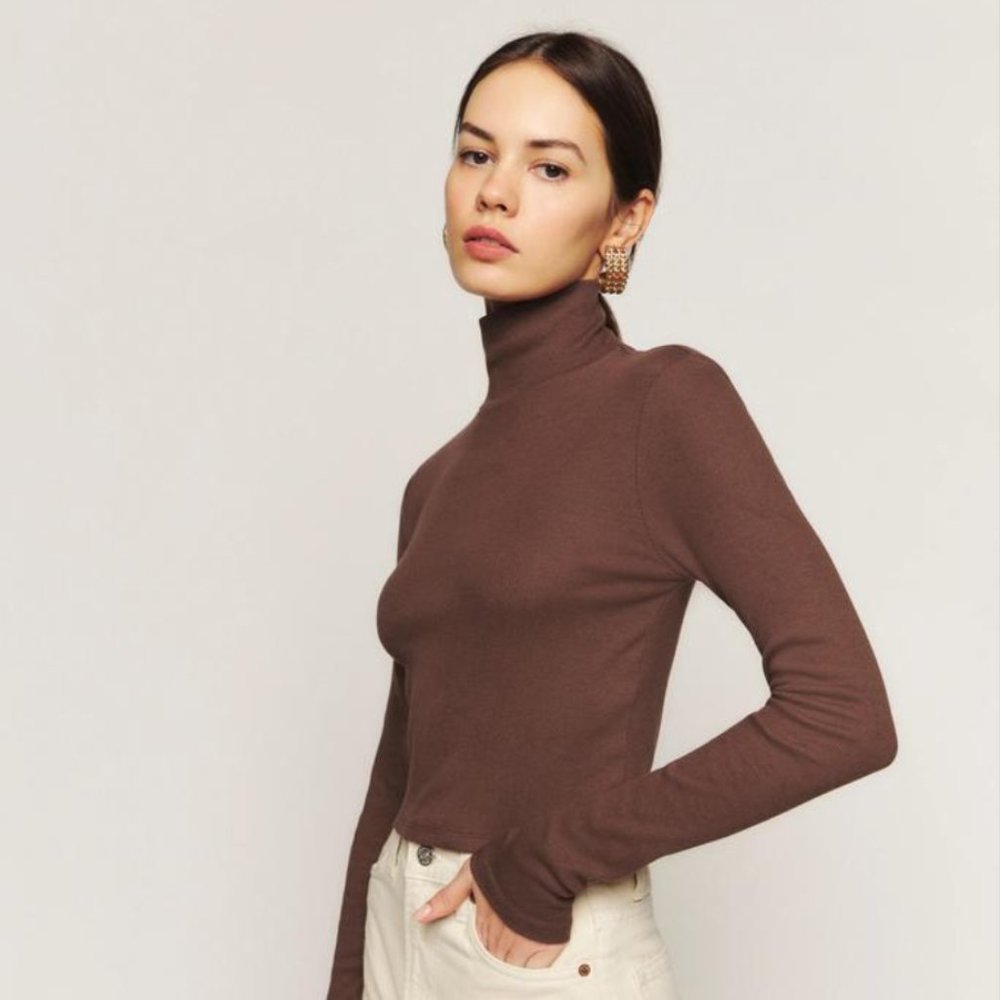 Reformation Davy Cropped Ribbed Turtleneck Tee Size S Brown